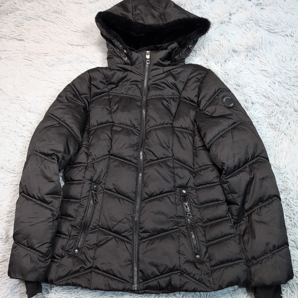 Nautica Jacket Womens M Black Coat Puffer Removable Hood Faux Fur Trim Zip Up - Picture 1 of 13